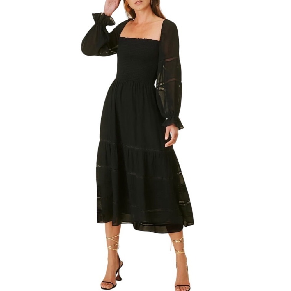 REFORMATION Smocked Square Neck Midi Dress Size 8 Lace Tiered Boho Whimsigoth‎